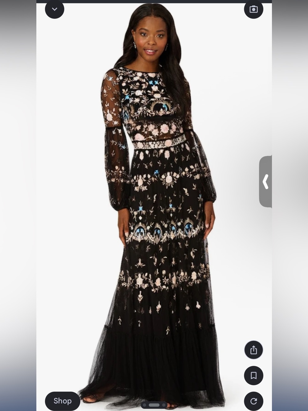 Mac Duggal Black Long Sleeve Embroidered Maxi Dress with Pink and Blue Accents